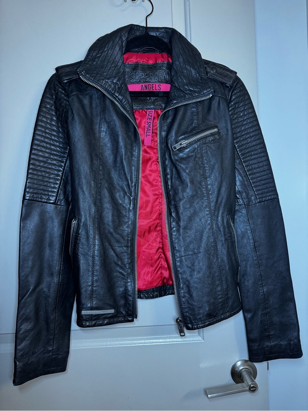 Superdry Black Leather Moto Jacket with Red Lining